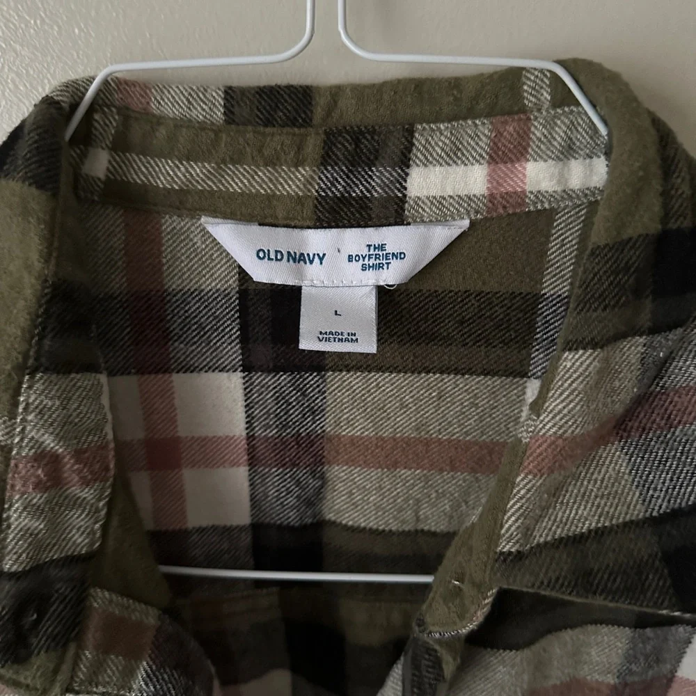 Old Navy Oversized Plaid Flannel Boyfriend Tunic Shirt, Olive Plaid, size L - Picture 4 of 4